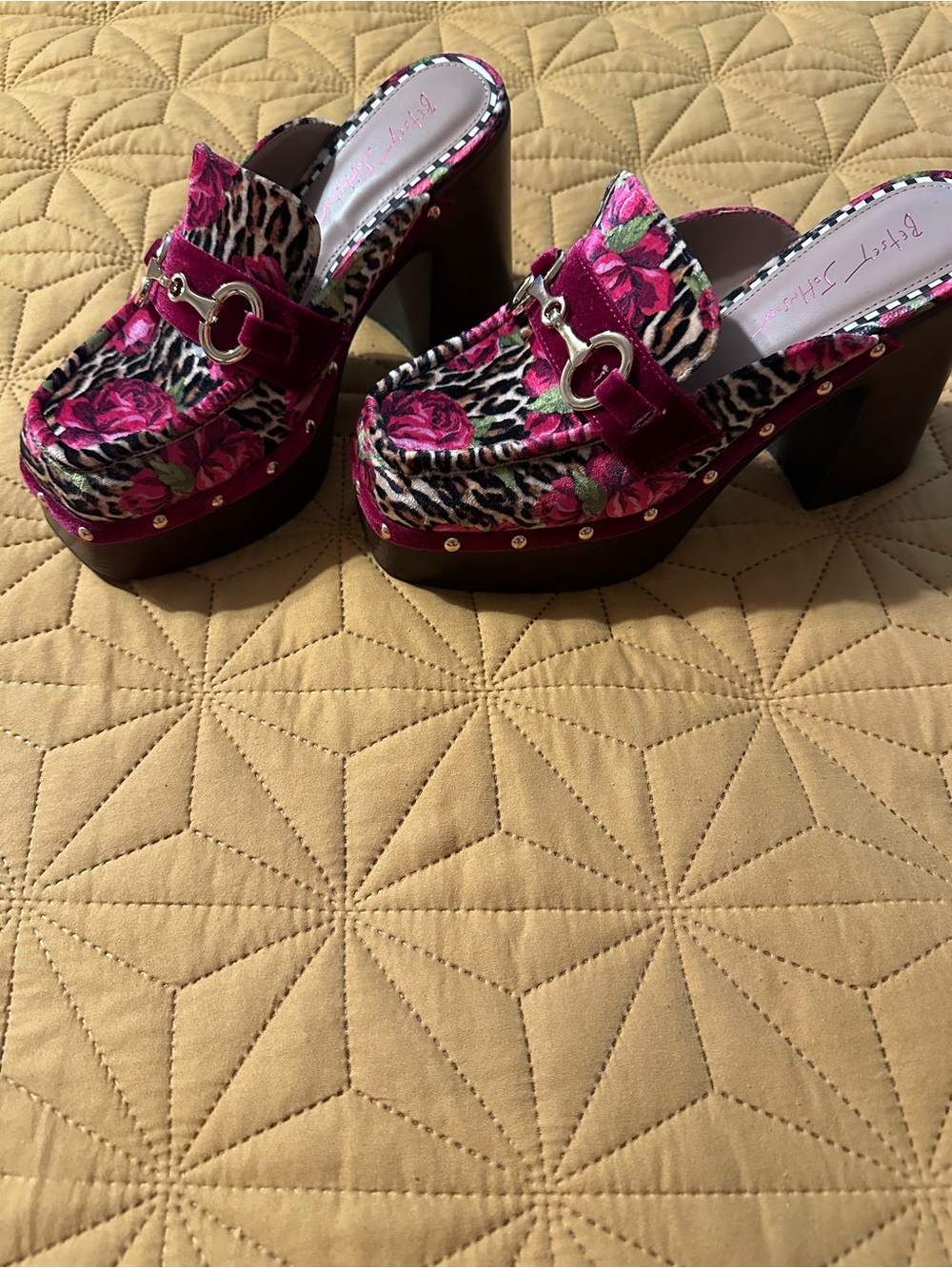 Betsey Johnson Fuchsia Floral & Leopard Platform Mules